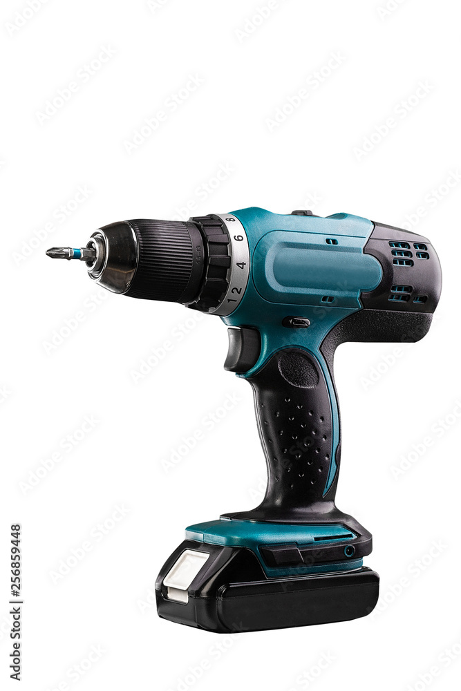 Cordless screwdriver on white background. Space for text