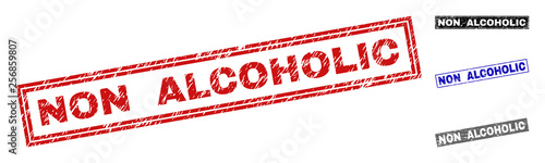 Grunge NON ALCOHOLIC rectangle stamp seals isolated on a white background. Rectangular seals with grunge texture in red, blue, black and grey colors.