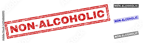 Grunge NON-ALCOHOLIC rectangle stamp seals isolated on a white background. Rectangular seals with grunge texture in red, blue, black and gray colors.