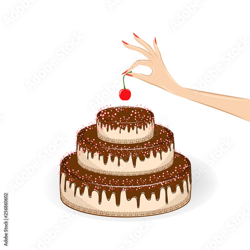 womans hand puts a cherry on top of a cake, isolated on the white background, square vector illustration