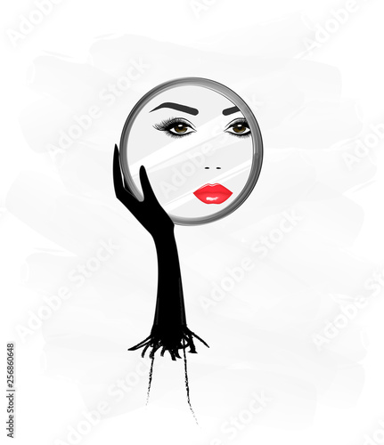 beautiful woman face, reflaction in a round mirror, that she holds in her hand, vertical vector illustration