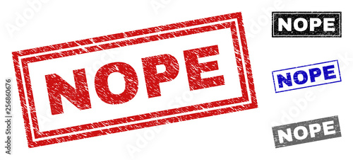Grunge NOPE rectangle stamp seals isolated on a white background. Rectangular seals with grunge texture in red, blue, black and grey colors. Vector rubber imprint of NOPE text inside rectangle frames.