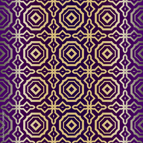 Geometric Pattern, Lace Geometric Ornament. Ethnic Beautiful Ornament. Vector Illustration. For Greeting Cards, Invitations, Cover Book, Fabric, Scrapbooks. Purple gold color