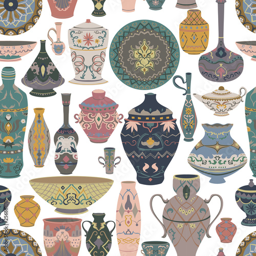 Seamless pattern with traditional Arabic utensils collection. Oriental dishes, pots, lantern, bowl, plates, pottery, ceramic with national floral ornament. Vector illustration	