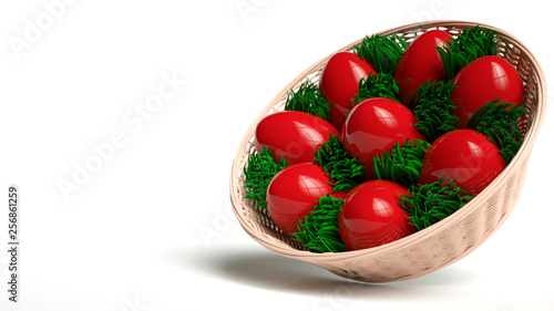 Red Easter Eggs With Grass In The Basket Isolated On The White Background. Happy Easter Concept - 3D Illustration