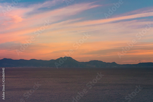 summer landscape sea and mountain at sunset with copy space