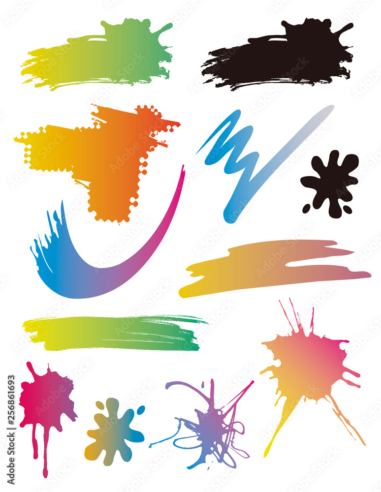  Brush strokes, spots, splatters.  Set of colorful grunge design elements Brush strokes, spots, splatters.Isolated on white background. Vector available.