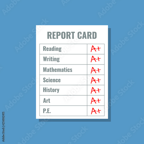 school report card with A plus grades, flat design vector illustration