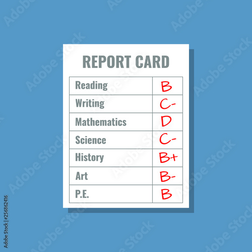 school report card with B C D grades, flat design vector illustration