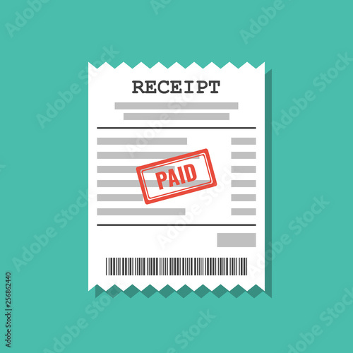 paper receipt with paid stamp, flat vector illustration