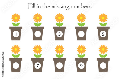 Game with flowers in pots for children, fill in the missing numbers, easy level, education game for kids, school worksheet activity, task for the development of logical thinking, vector illustration