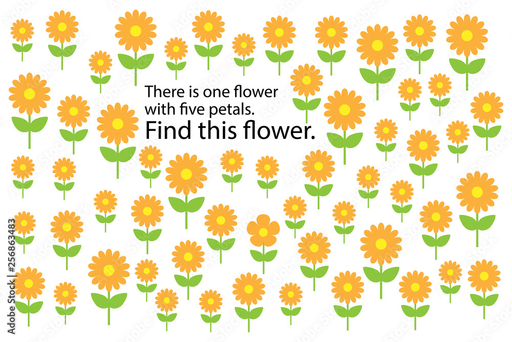 Find flower with 5 petals, spring fun education puzzle game for children, preschool worksheet