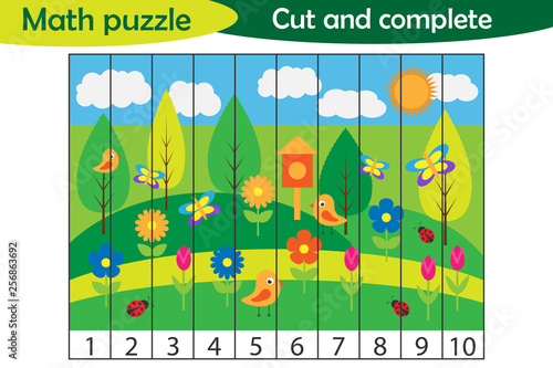Math puzzle, spring picture in cartoon style, education game for development of preschool children, use scissors, cut parts of the image and complete the picture, vector illustration