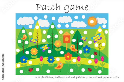 Education Patch game spring for children to develop motor skills, use plasticine patches, buttons, colored paper or color the page, kids preschool activity, printable worksheet, vector illustration