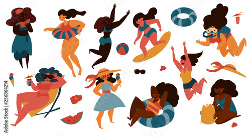 Hand drawn illustration set of happy diverse cartoon women doing summer activites made in minimal flat style isolated on white.