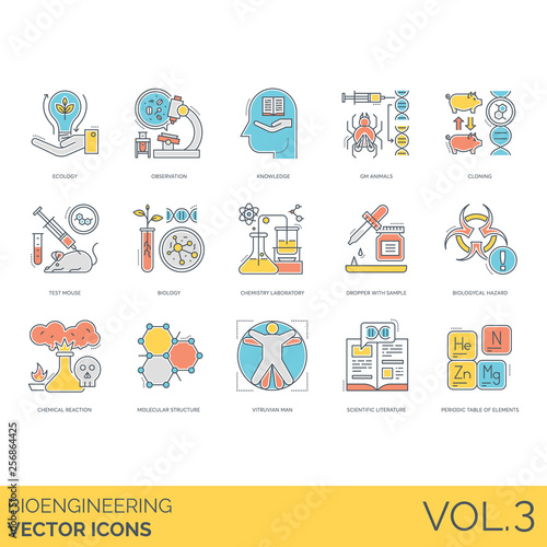 Bioengineering icons including ecology, observation, knowledge, GM animals, cloning, test mouse, biology, chemistry laboratory, dropper with sample, biological hazard, chemical reaction, molecular.