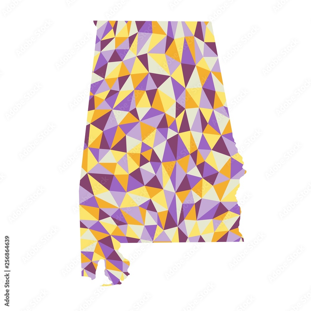 Alabama U.S. state polygonal map background low poly style yellow, orange, blue, purple colors vector illustration eps Alabama U.S. state polygonal map background low poly style yellow, orange, blue, purple colors vector illustration eps