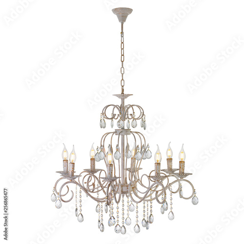 Eight lamp chandelier with crystal pendants. Included ceiling light, isolated on white background