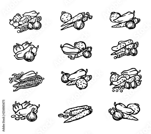 Vegetables mix, black and white icon set