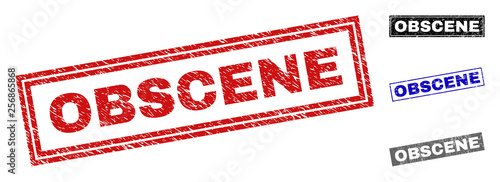 Grunge OBSCENE rectangle stamp seals isolated on a white background. Rectangular seals with distress texture in red, blue, black and gray colors.