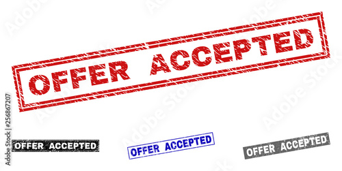 Grunge OFFER ACCEPTED rectangle stamp seals isolated on a white background. Rectangular seals with distress texture in red, blue, black and grey colors.