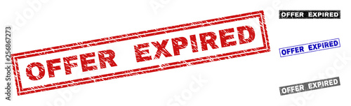 Grunge OFFER EXPIRED rectangle stamp seals isolated on a white background. Rectangular seals with grunge texture in red, blue, black and grey colors.