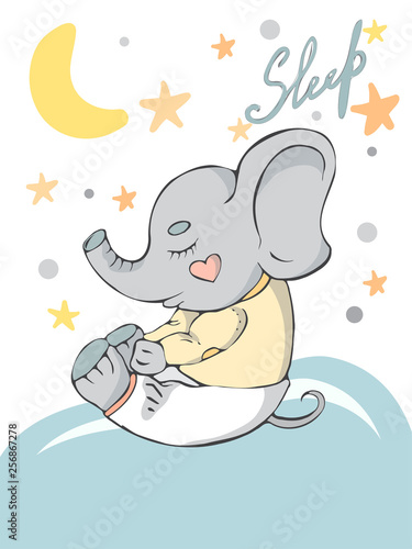 Fototapeta Naklejka Na Ścianę i Meble -  Cute little elephant  sleeping hand drawn vector illustration