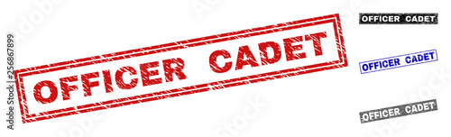 Grunge OFFICER CADET rectangle stamp seals isolated on a white background. Rectangular seals with grunge texture in red, blue, black and grey colors.