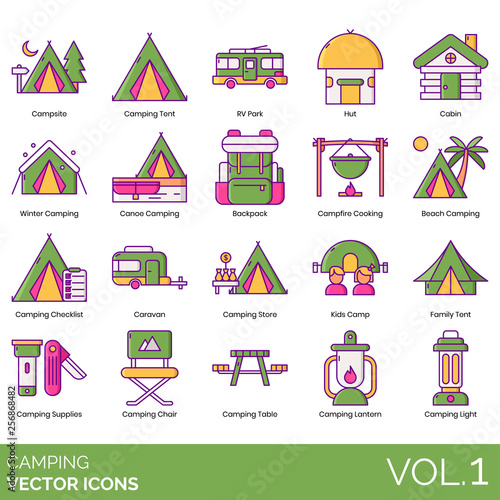 Camping icons including campsite, tent, RV park, hut, cabin, winter, canoe, backpack, campfire cooking, beach, checklist, caravan, store, kids camp, family, supplies, chair, table, lantern, light.