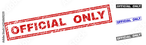 Grunge OFFICIAL ONLY rectangle stamp seals isolated on a white background. Rectangular seals with grunge texture in red, blue, black and grey colors.
