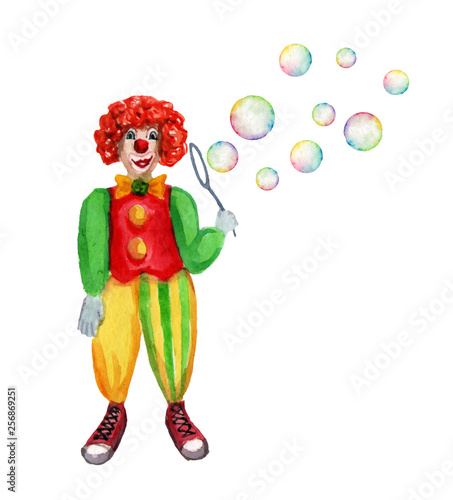 Circus clown blowing bubbles. Watercolor illustration on white