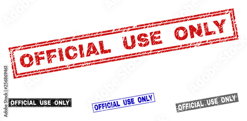 Grunge OFFICIAL USE ONLY rectangle stamp seals isolated on a white background. Rectangular seals with grunge texture in red, blue, black and grey colors.