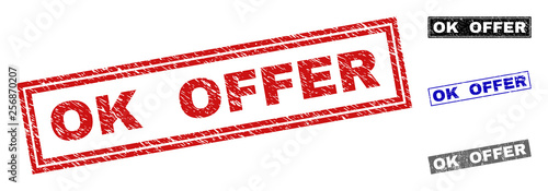 Grunge OK OFFER rectangle stamp seals isolated on a white background. Rectangular seals with grunge texture in red, blue, black and grey colors.
