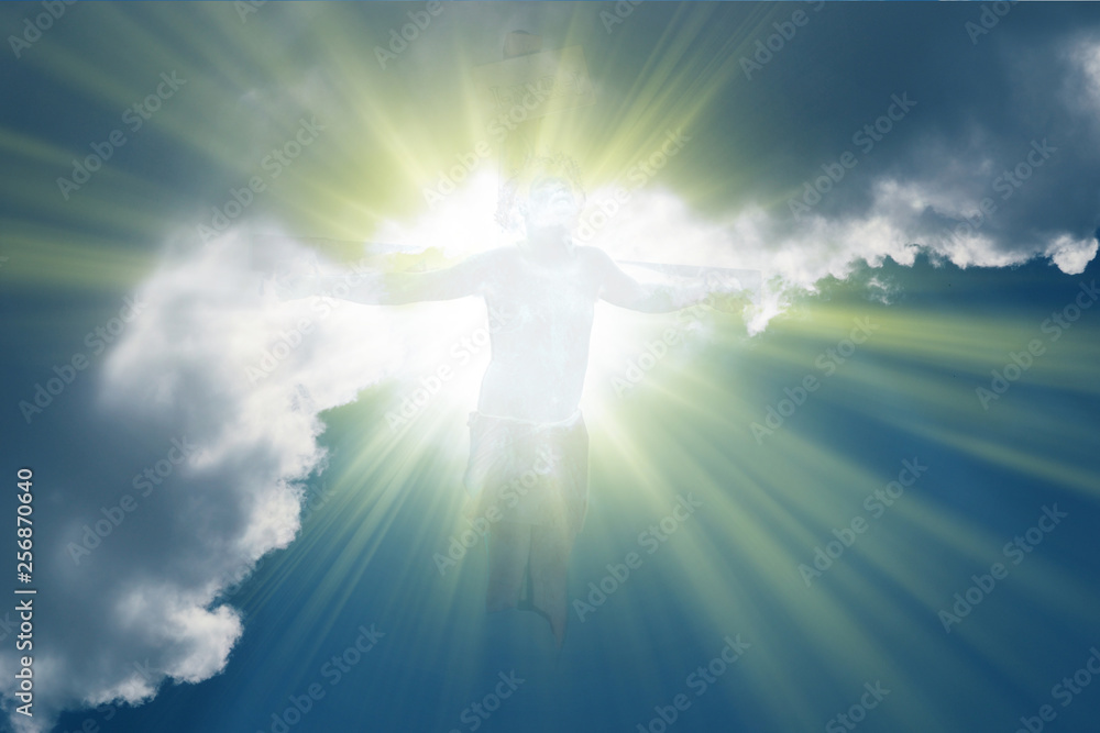 Jesus Christ in the sky with flashes of divine light Jesus Christ in