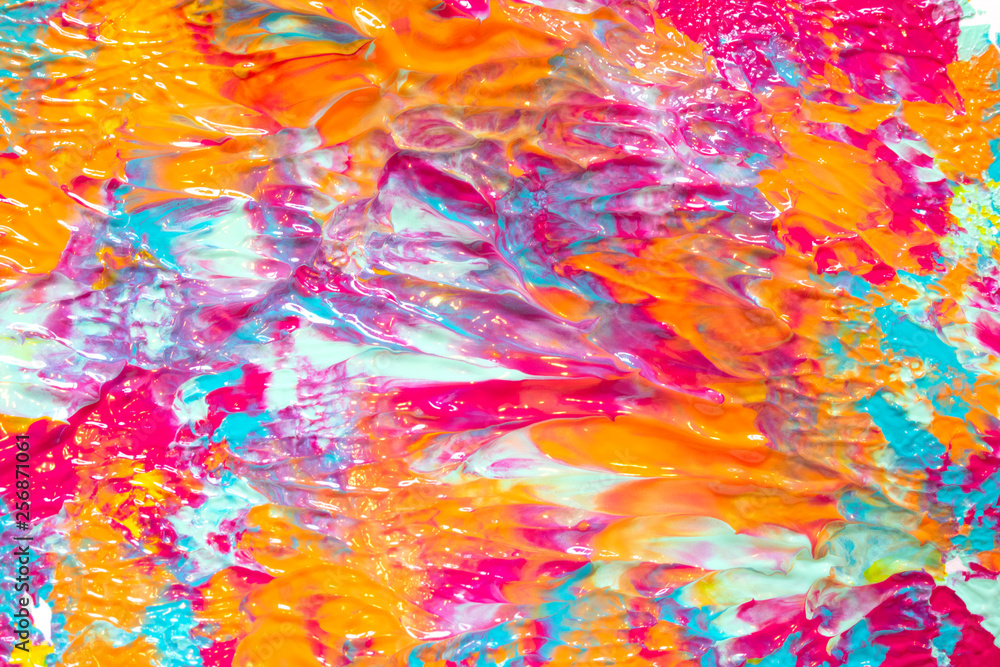 Pink Blue and Orange Paint Splatters on White Background