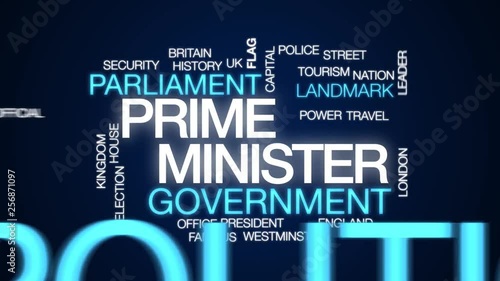 Prime minister animated word cloud. Kinetic typography. photo