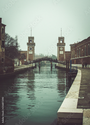 Venice / Italy 19 february 2019 :the arsenals of Venice and the bridge thta connect the two sides