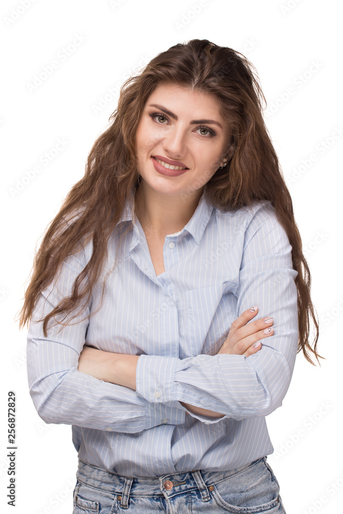 Young pretty curly hair businesswoman with arm folded. Young pretty curly hair businesswoman with arm folded.