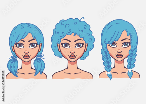 Types of female hairstyles. Vector illustration of girl's heads with different types of haircuts. Curly hair, pigtails and braids