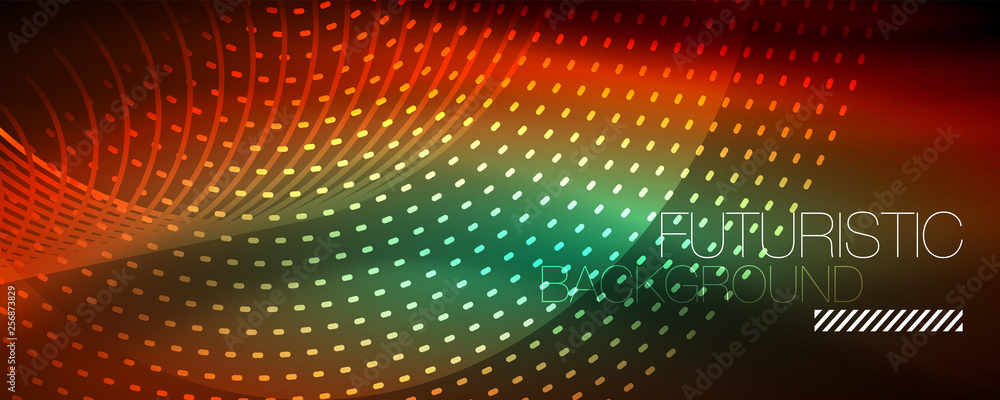Fototapeta premium Glowing light particles in dark neon space, magic glow shiny abstract background