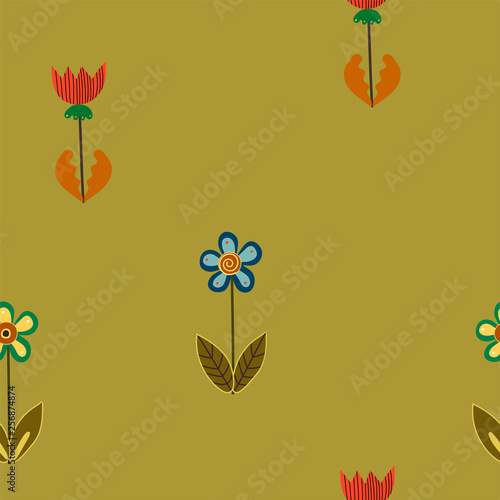 Ethnic floral seamless vector pattern with bright flowers on beige background. In Scandinavian style. For textiles, wallpapers, designer paper, etc