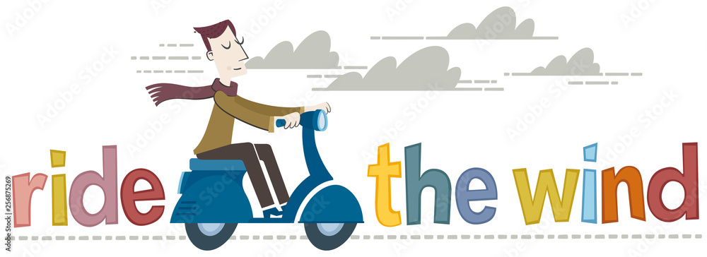 Young man ride the wind. A retro style horizontal banner of a woman riding a motorcycle.