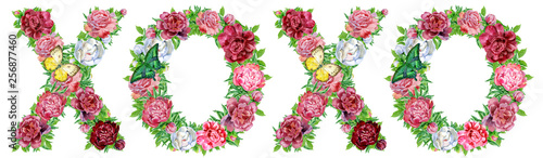 Word XOXO of watercolor peonies flowers and butterflies