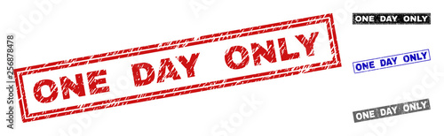Grunge ONE DAY ONLY rectangle stamp seals isolated on a white background. Rectangular seals with grunge texture in red, blue, black and gray colors.
