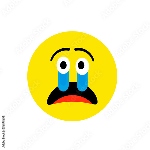 Sad crying face Emoji icon flat style. Cute Emoticon round symbol. Regret, heartbroken Face. For mobile keyboard app, messenger. Expressive cartoon avatar on white background.