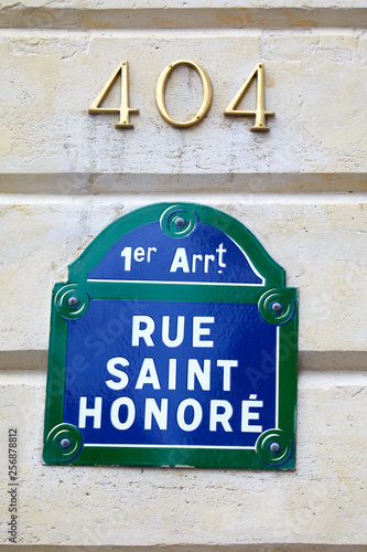 Famous Rue Saint Honore street sign in Paris, France. © andersphoto