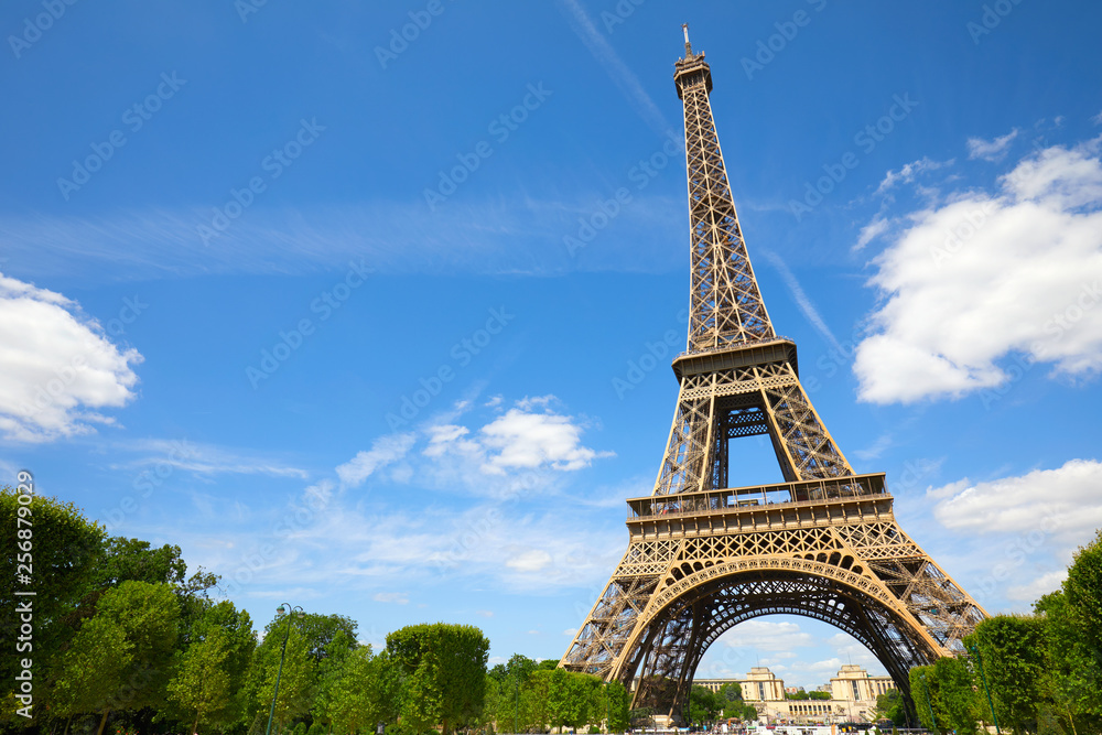 Eiffel Tower in Paris in a sunny summer day, blue sky and green trees