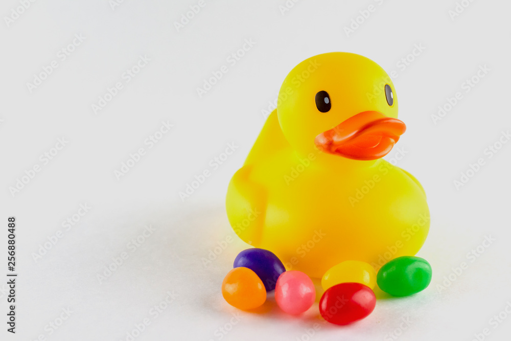 Close up of a toy rubber duck with a few jelly beans in front. Isolated on white. Copy space on the left. Close up of a toy rubber duck with a few jelly beans in front. Isolated on white. Copy space on the left.