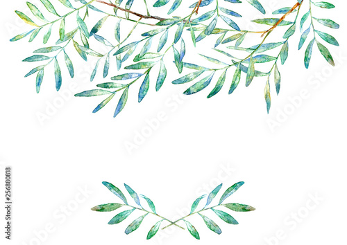 Floral border .Garland of a pistachio branches.Frame of a herbs.Watercolor hand drawn illustration.It can be used for greeting cards, posters, wedding cards.