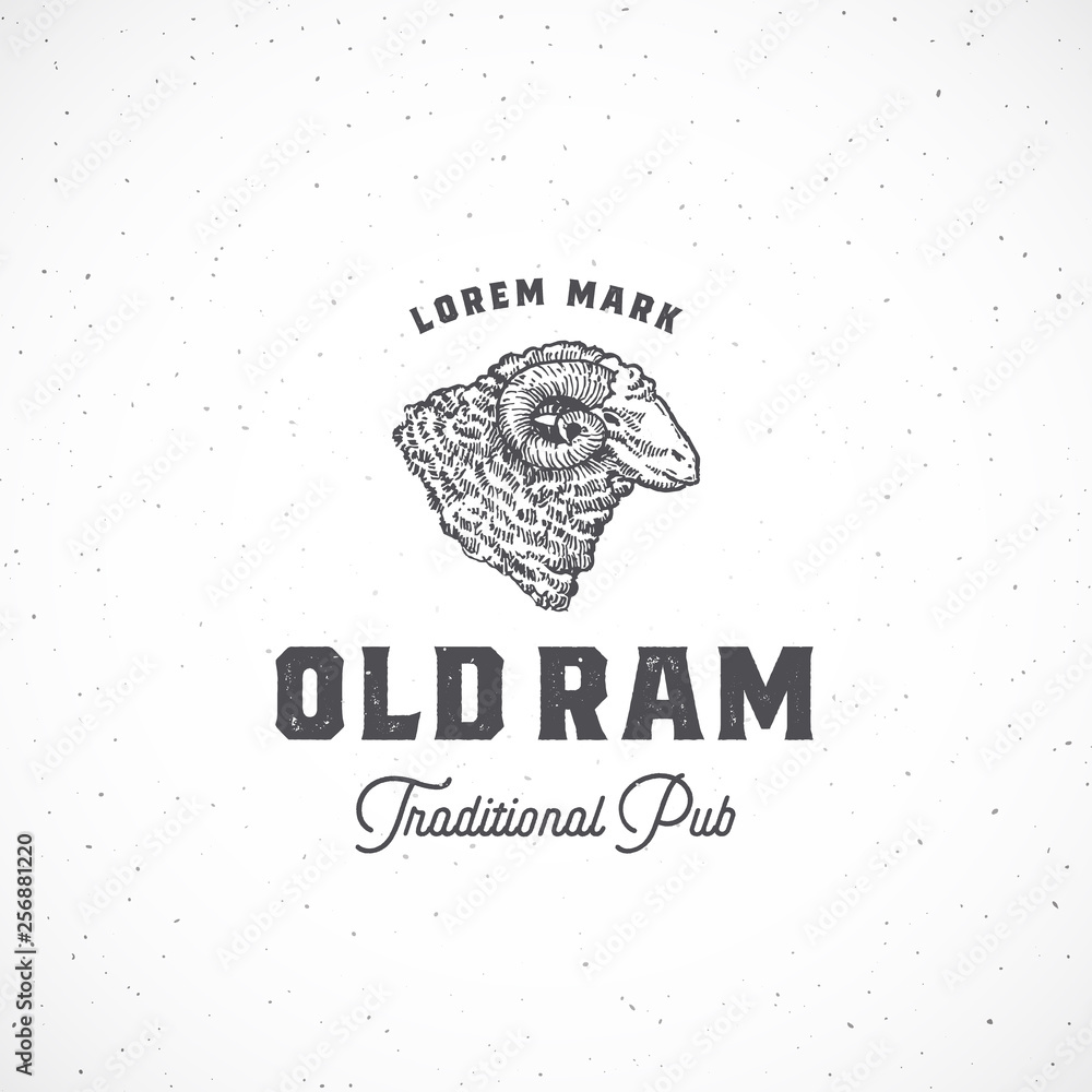 Old Ram Pub Abstract Vector Sign, Symbol or Logo Template. Hand Drawn Ram  Head Sketch Sillhouette with Typography and Shabby Texture. Vintage Emblem.  Stock Vector | Adobe Stock